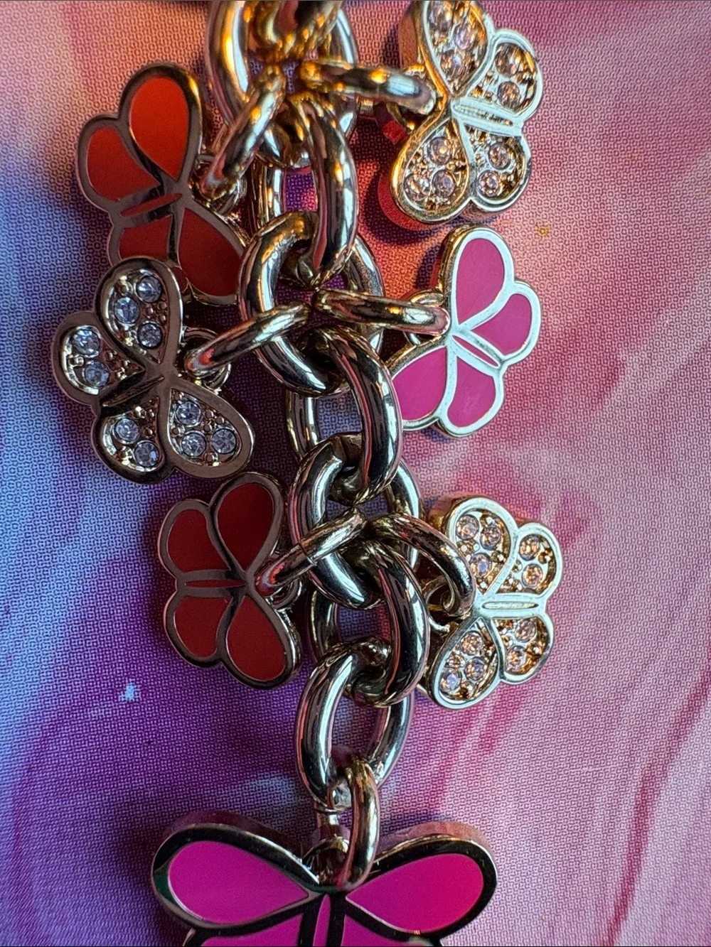 Coach Gold-Tone Butterfly Charms Keyring in Pink and Orange